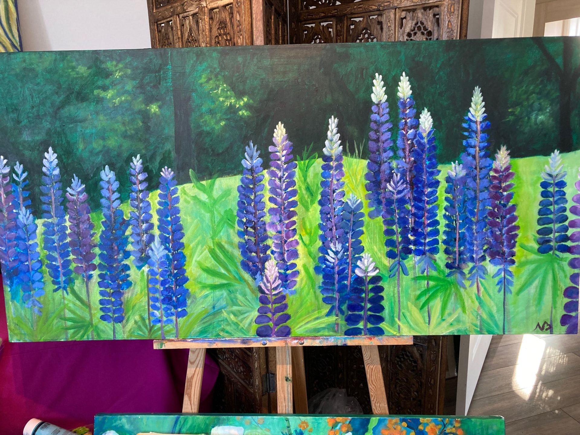 Série lupins — la toile terminée, en gros plan