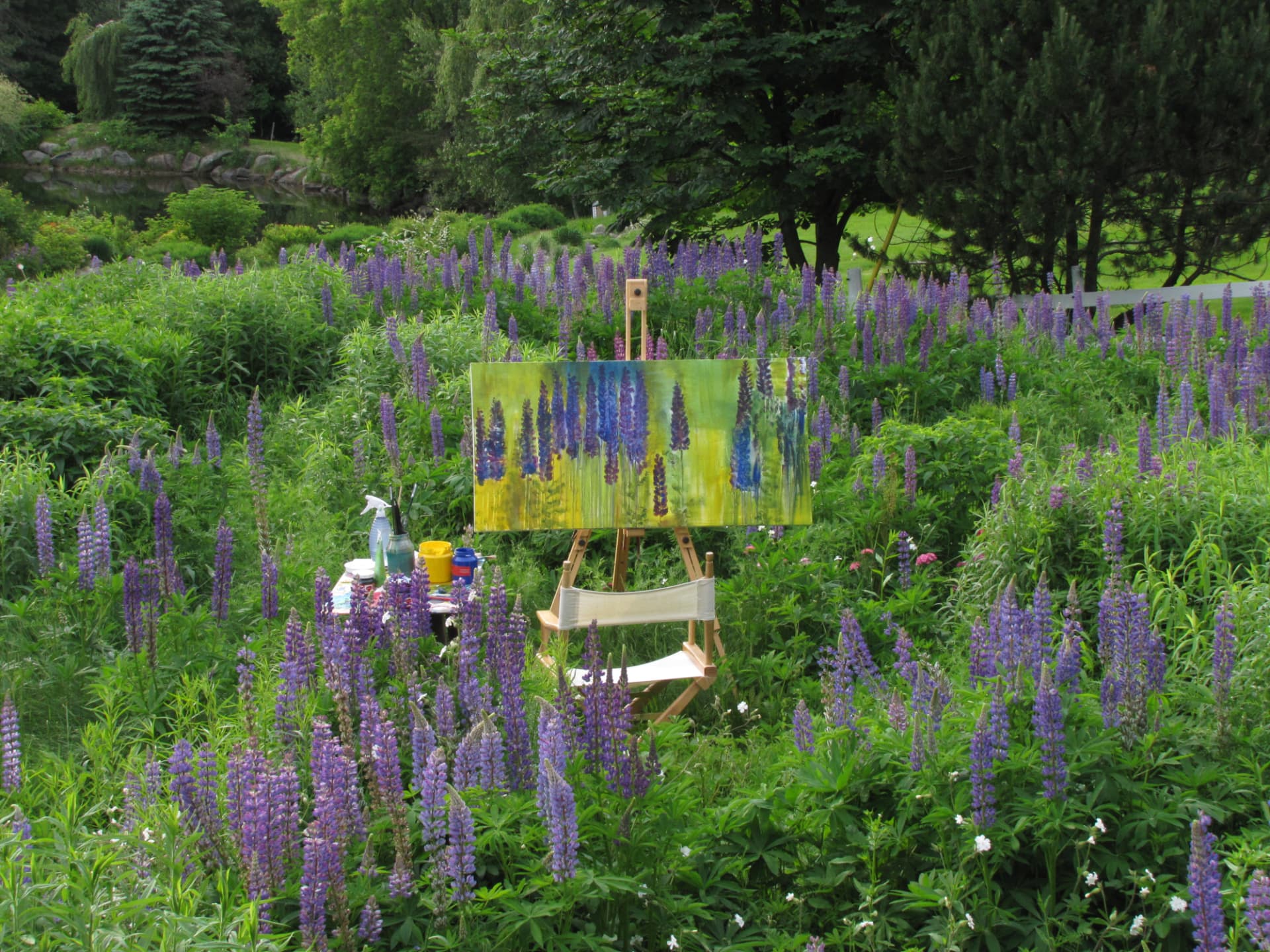 Série lupins — la toile en cours dans le paysage